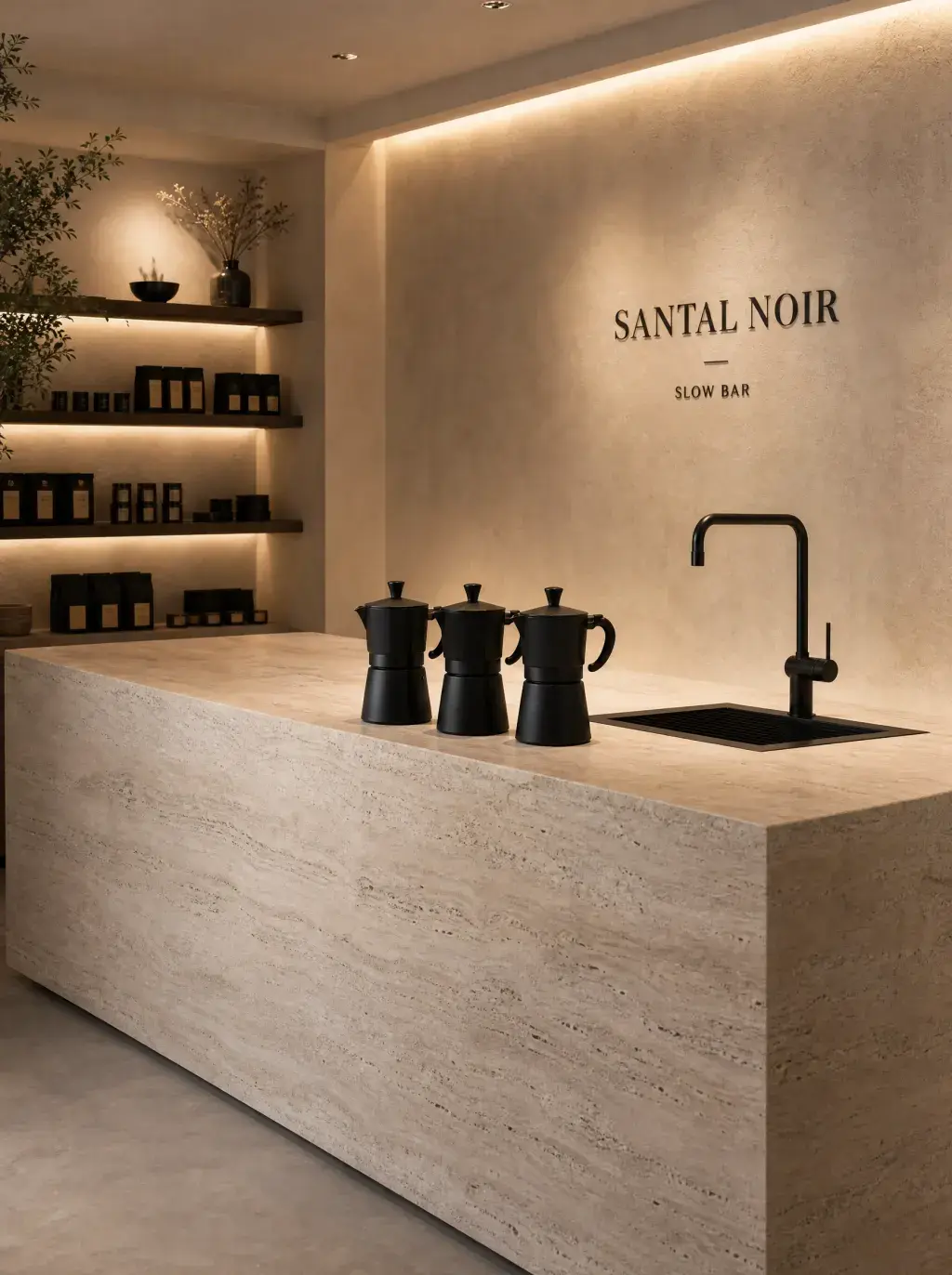 Comptoir boutique café artisanal – travertin, deux cafetières moka, robinet noir, étagère produits, LED