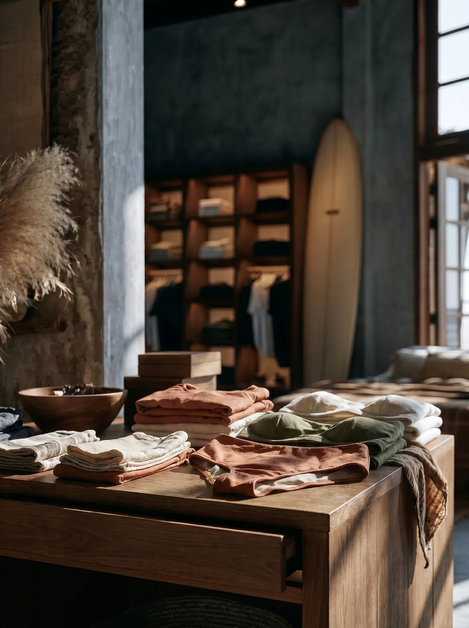 Comptoir de boutique avec vêtements colorés et planche de surf