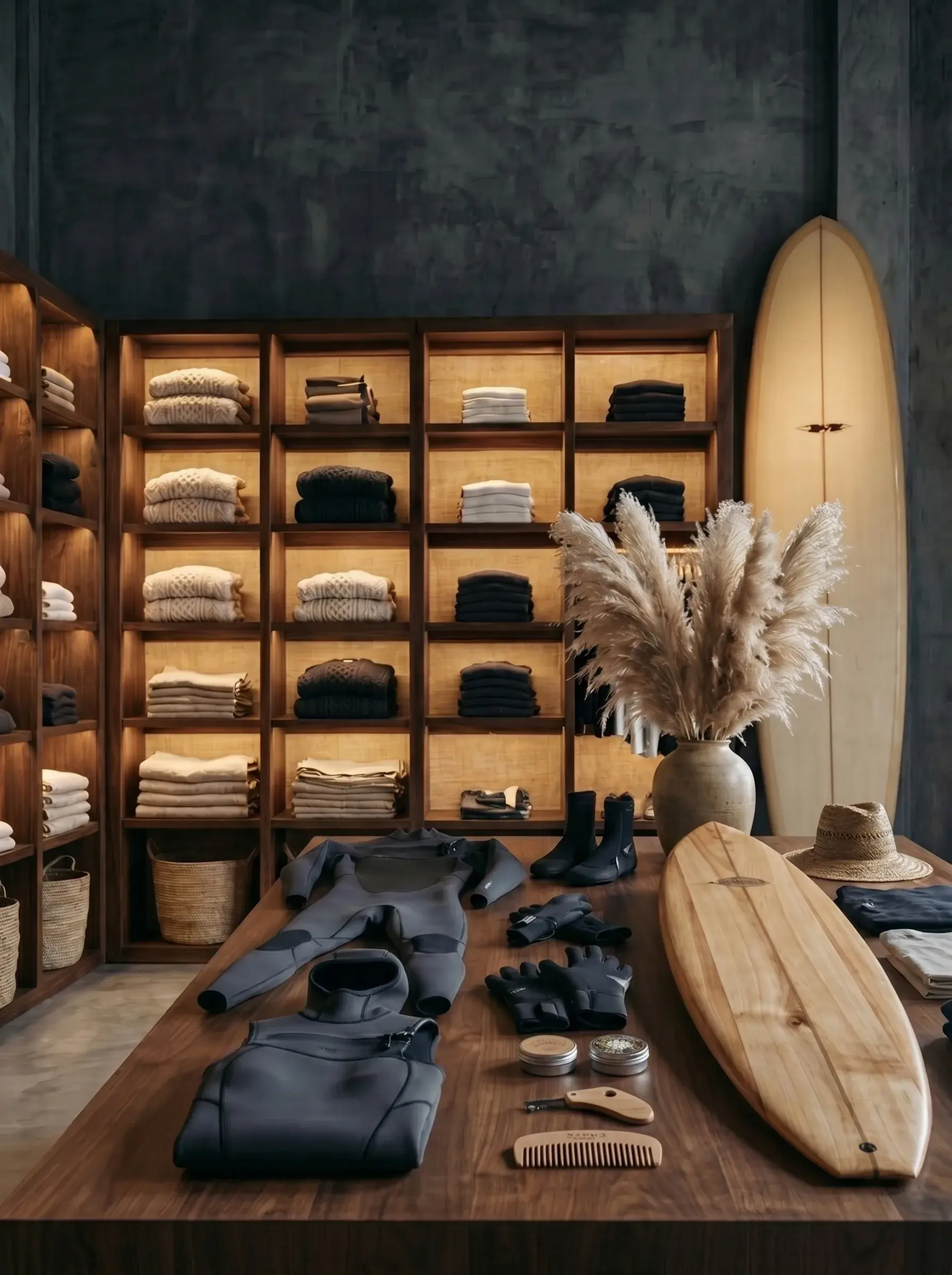 Comptoir de boutique surf avec accessoires et planche en bois