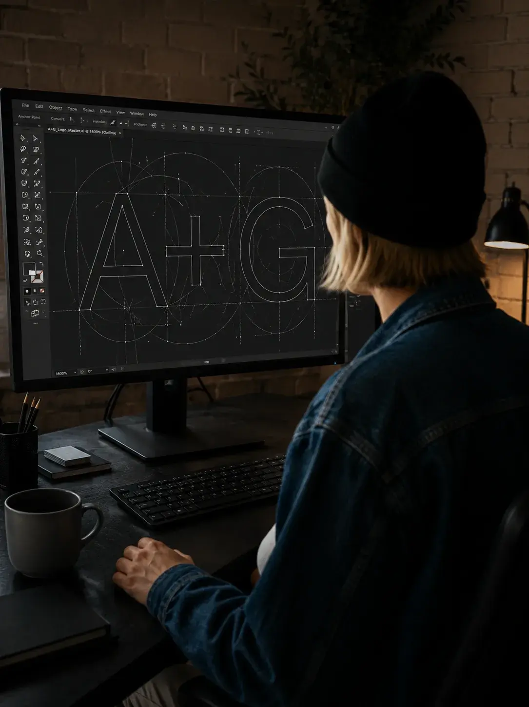 Conception logotype – écran sombre, directrice artistique, studio