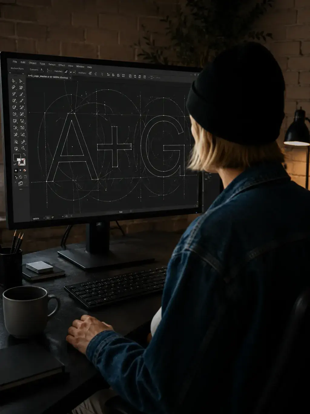 Conception logotype – écran sombre, directrice artistique, studio