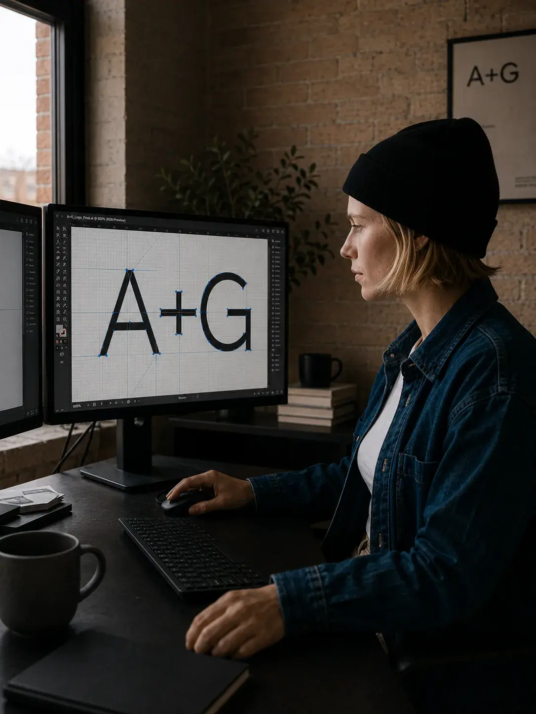 Conception logotype – graphiste de profil, studio chaud, vectoriel