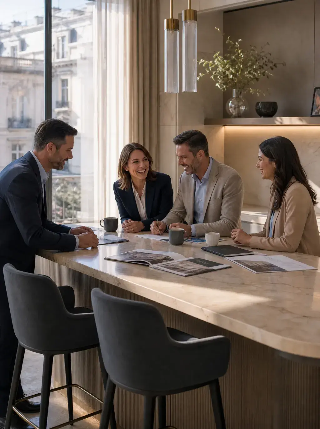 Consultation entre professionnels et clients autour d'un îlot en marbre dans un showroom Palais Heritage