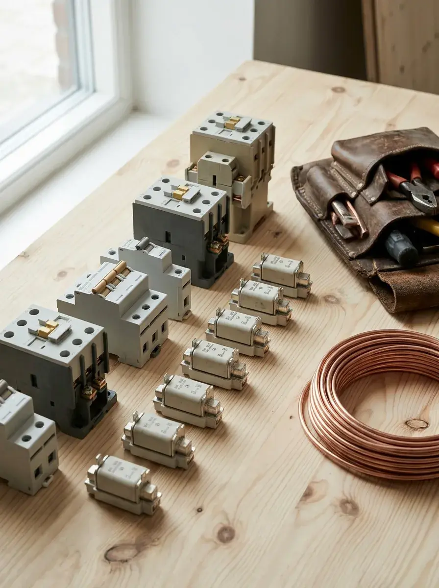 Contacteurs, fusibles et pochette à outils en cuir alignés sur une table en bois près d'une fenêtre