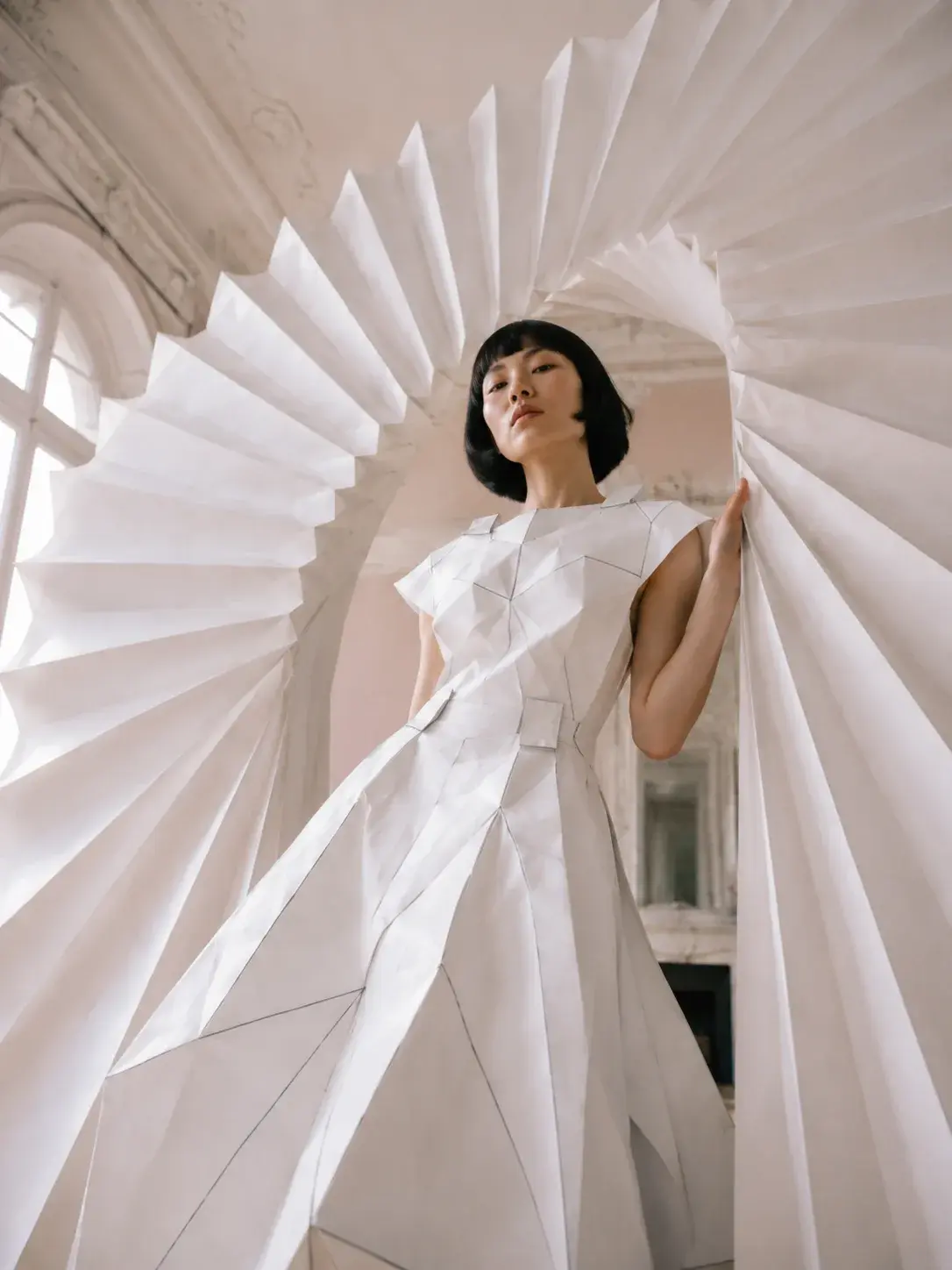 Contre-plongée femme en robe origami dans arche plissée – salon haussmannien rose