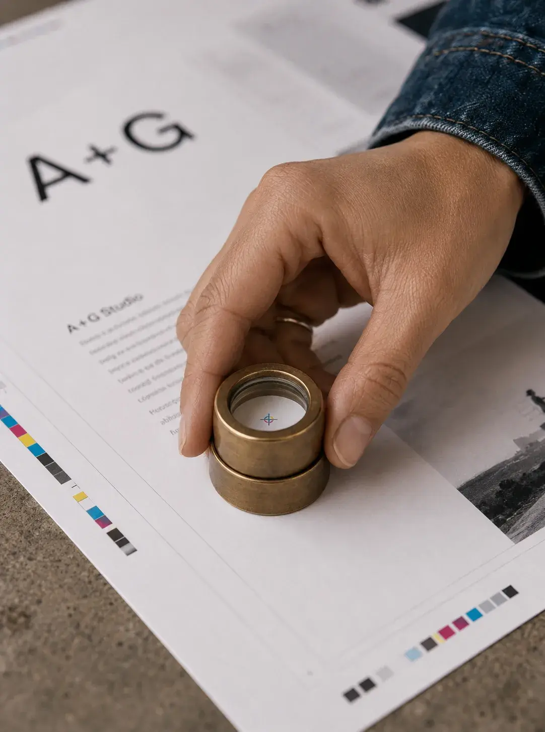 Contrôle d'impression – loupe laiton, repères CMJN, document