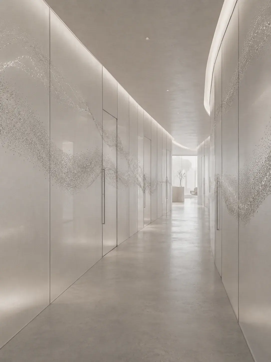 Couloir architectural blanc en perspective avec installations de perles sur les murs et éclairage LED