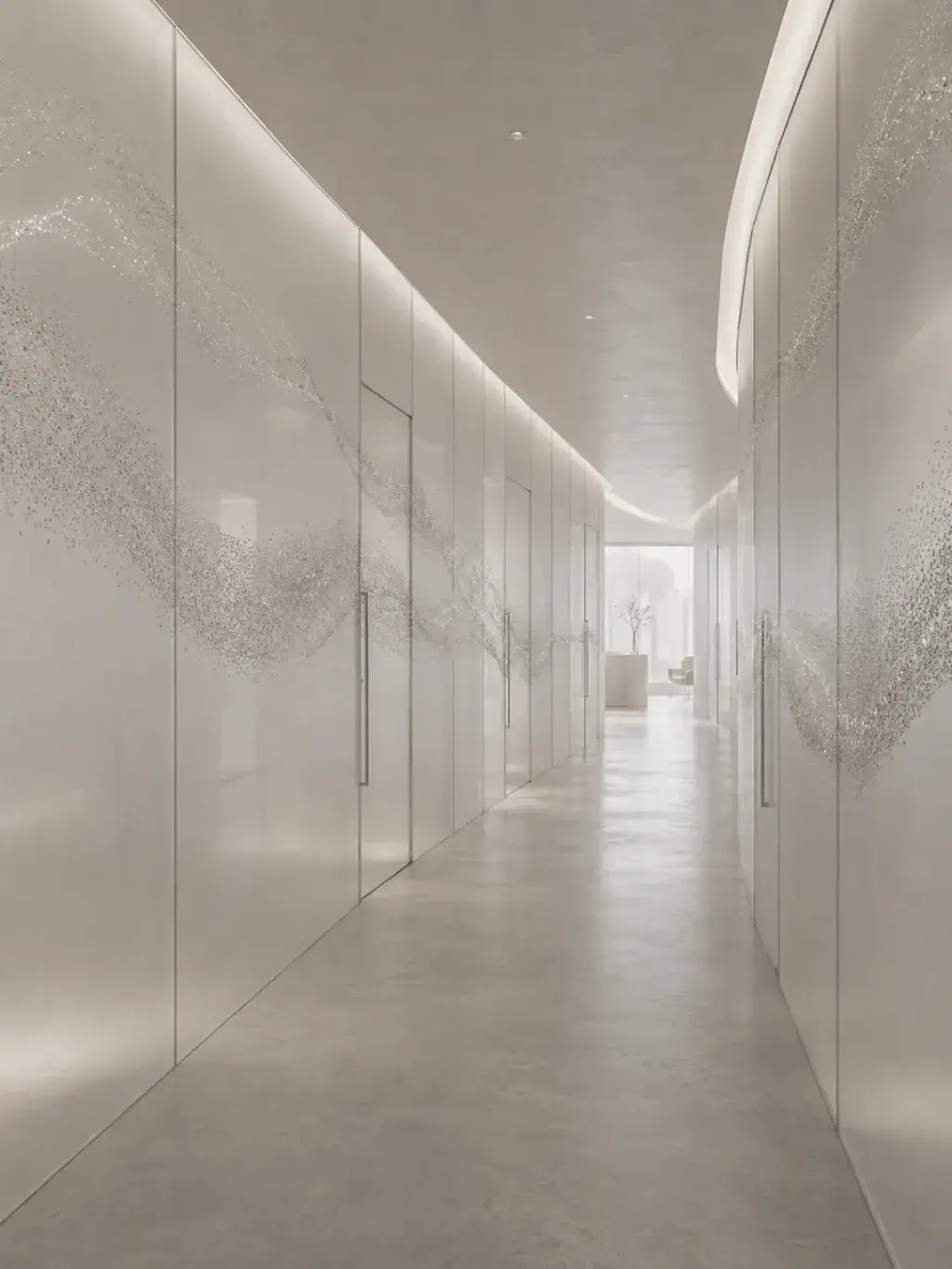 Couloir architectural blanc en perspective avec installations de perles sur les murs et éclairage LED