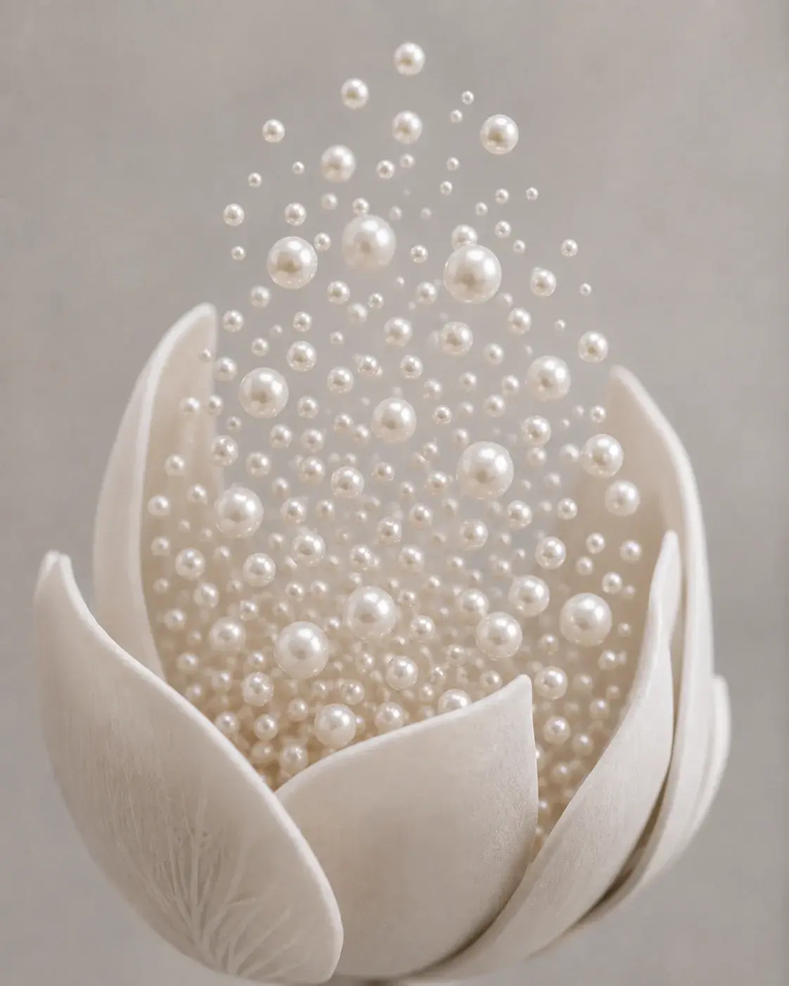 Coupe florale blanche d'où s'élèvent des perles en lévitation, jaillissement nacré