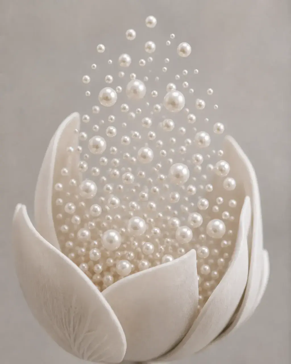 Coupe florale blanche d'où s'élèvent des perles en lévitation, jaillissement nacré