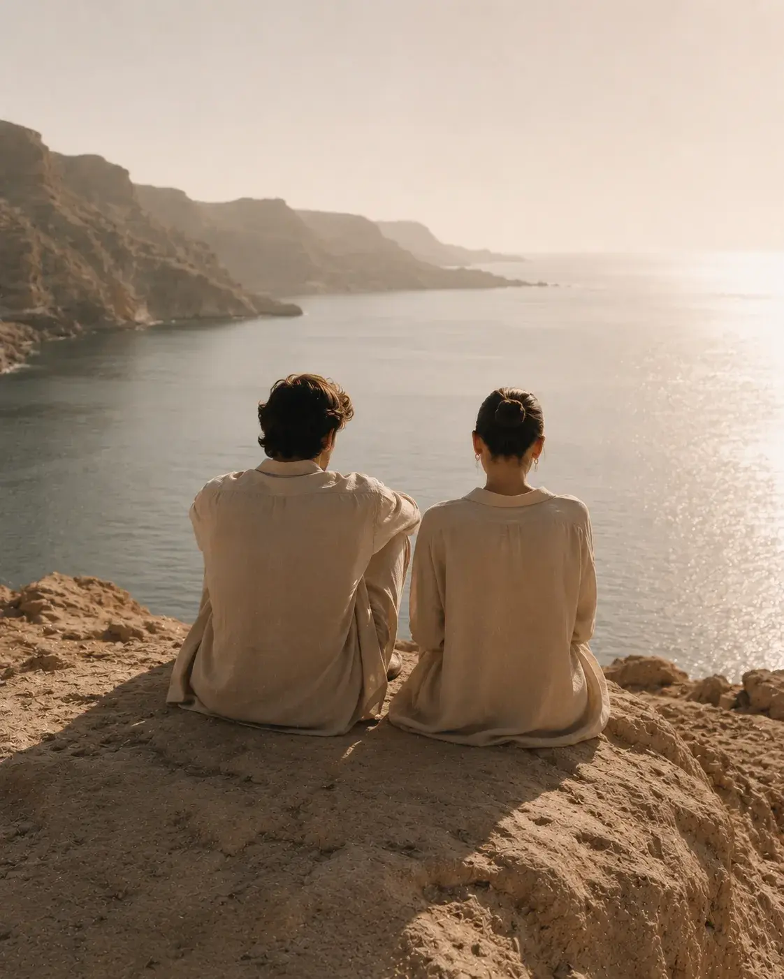 Couple assis sur un rocher face à la mer – lumière de coucher de soleil méditerranéen