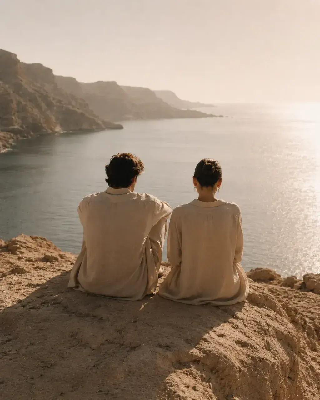 Couple assis sur un rocher face à la mer – lumière de coucher de soleil méditerranéen