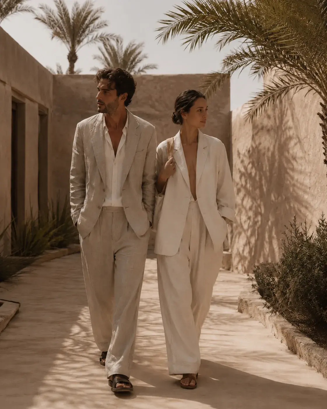 Couple en tenues lin marchant dans allée de resort désertique – palmiers, murs pisé, lumière chaude