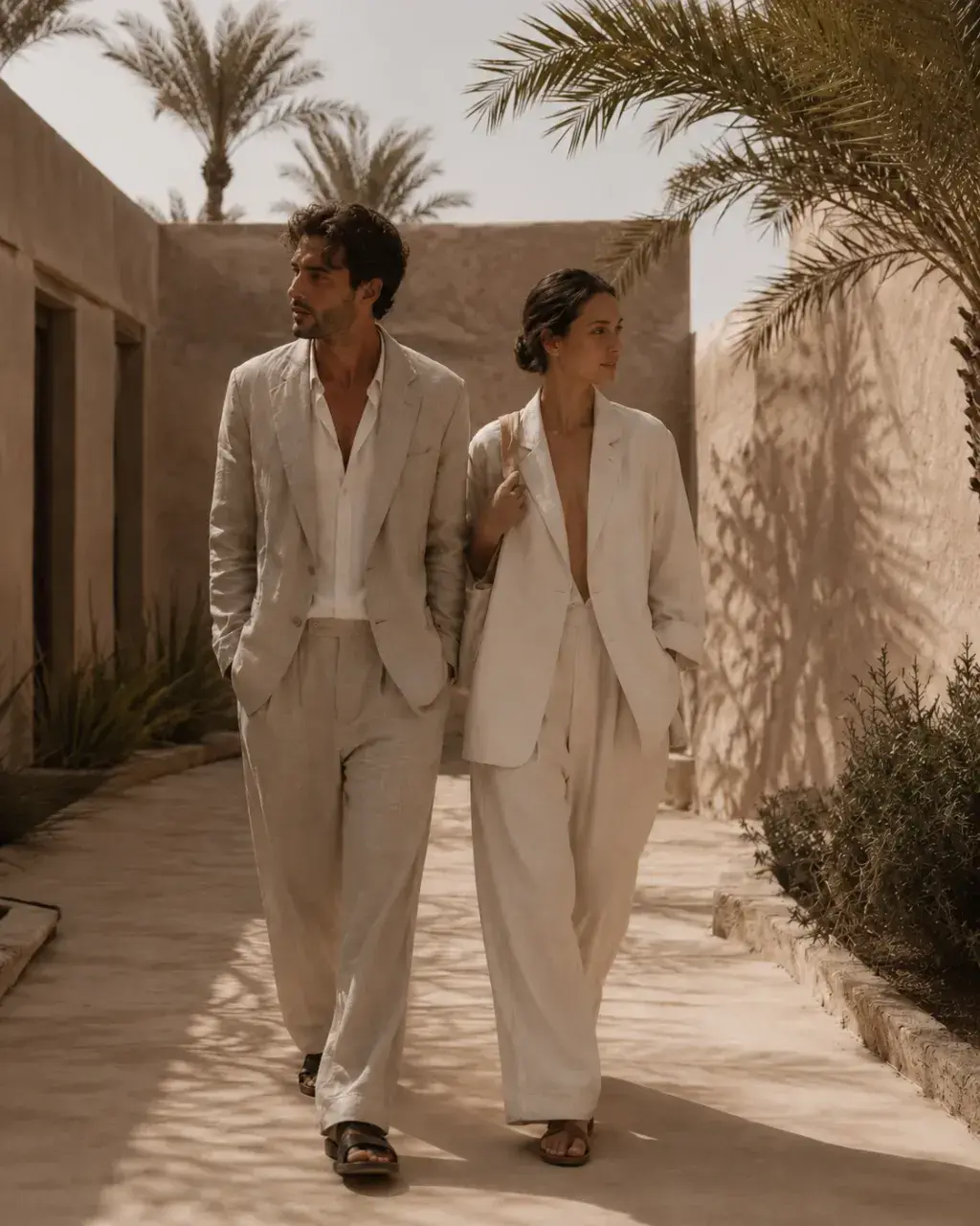 Couple en tenues lin marchant dans allée de resort désertique – palmiers, murs pisé, lumière chaude