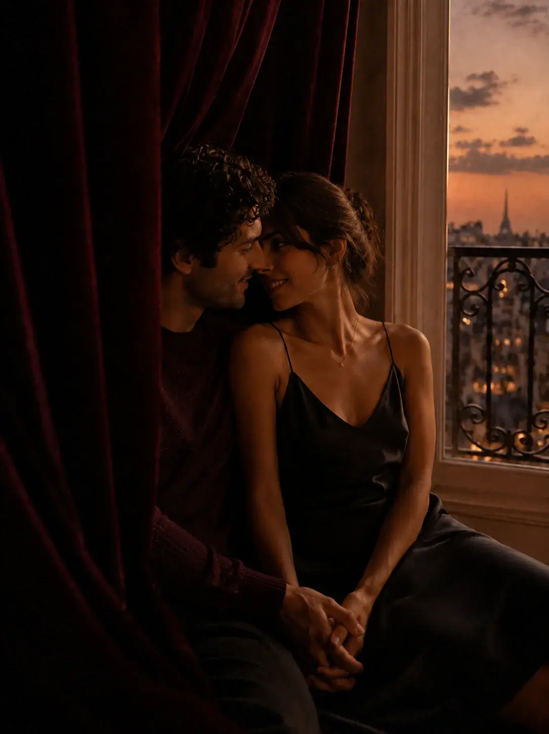 Couple enlacé près d'une fenêtre parisienne de nuit, rideau bordeaux, tour Eiffel illuminée visible, lumière chaude tamisée