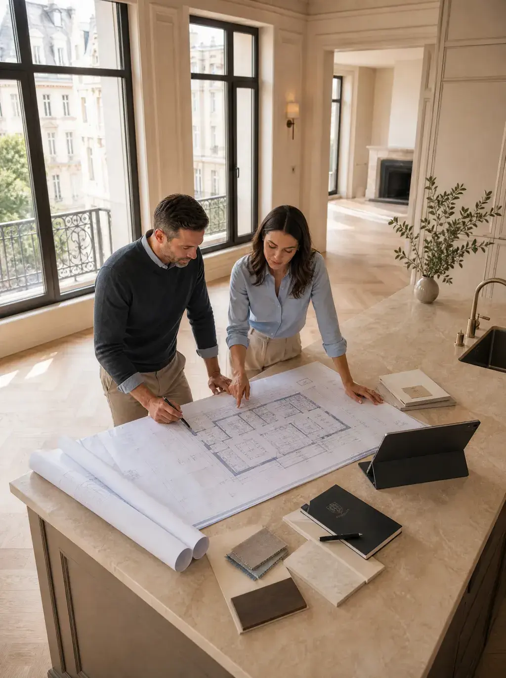 Couple étudiant des plans architecturaux sur un îlot en marbre dans un appartement en cours de rénovation