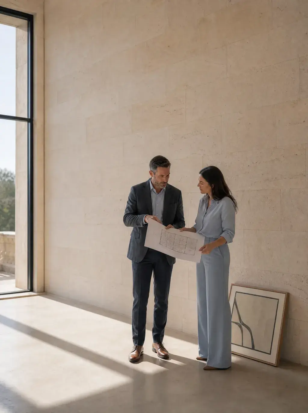 Couple étudiant un plan architectural dans une pièce en travertin baignée de lumière avec vue sur jardin