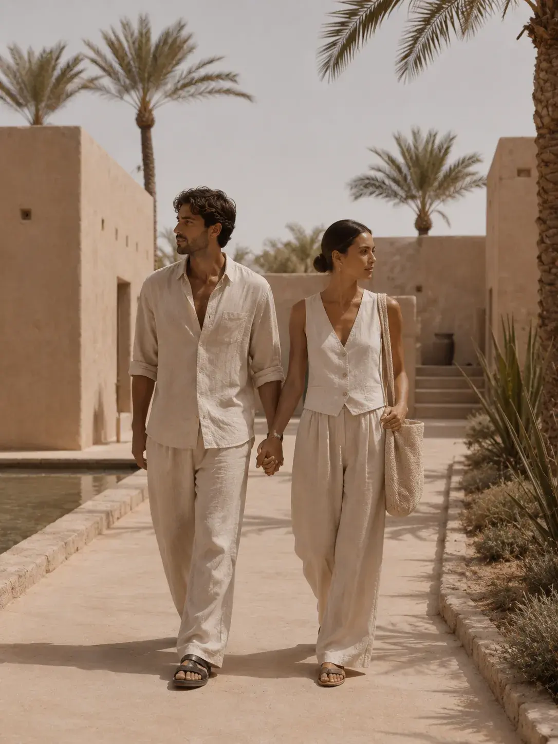 Couple main dans la main dans resort désertique – palmiers, bassin, tenues lin beige, sac raphia
