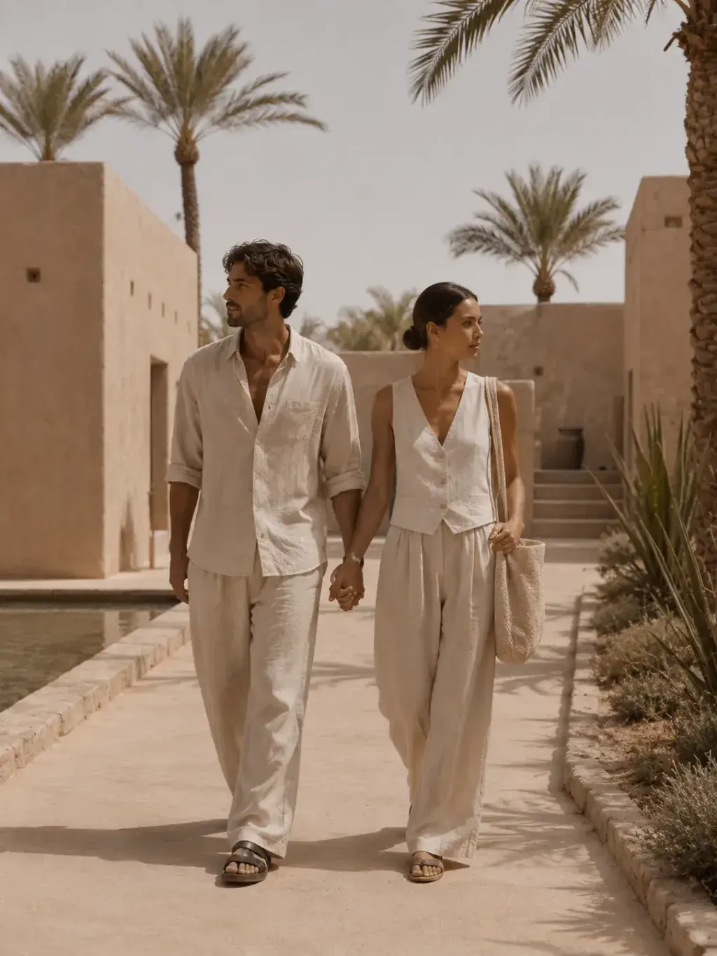 Couple main dans la main dans resort désertique – palmiers, bassin, tenues lin beige, sac raphia