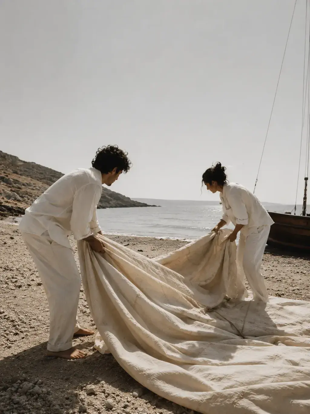 Couple pliant une grande voile en lin sur une plage de galets – voilier en bois derrière