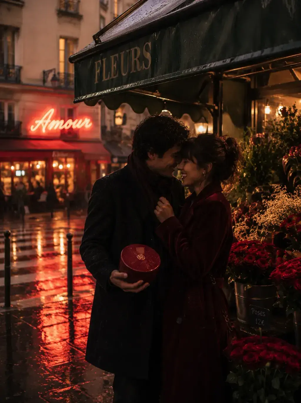 Couple s'embrassant de nuit sous la pluie devant fleuriste parisien, néon rouge Amour, l'homme tient une boîte ronde de pâtisserie