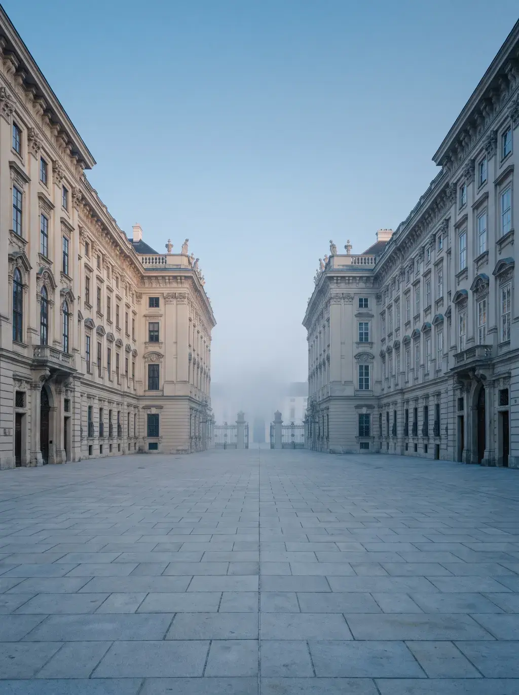 Cour d'honneur déserte d'un palais néoclassique symétrique dans la brume matinale