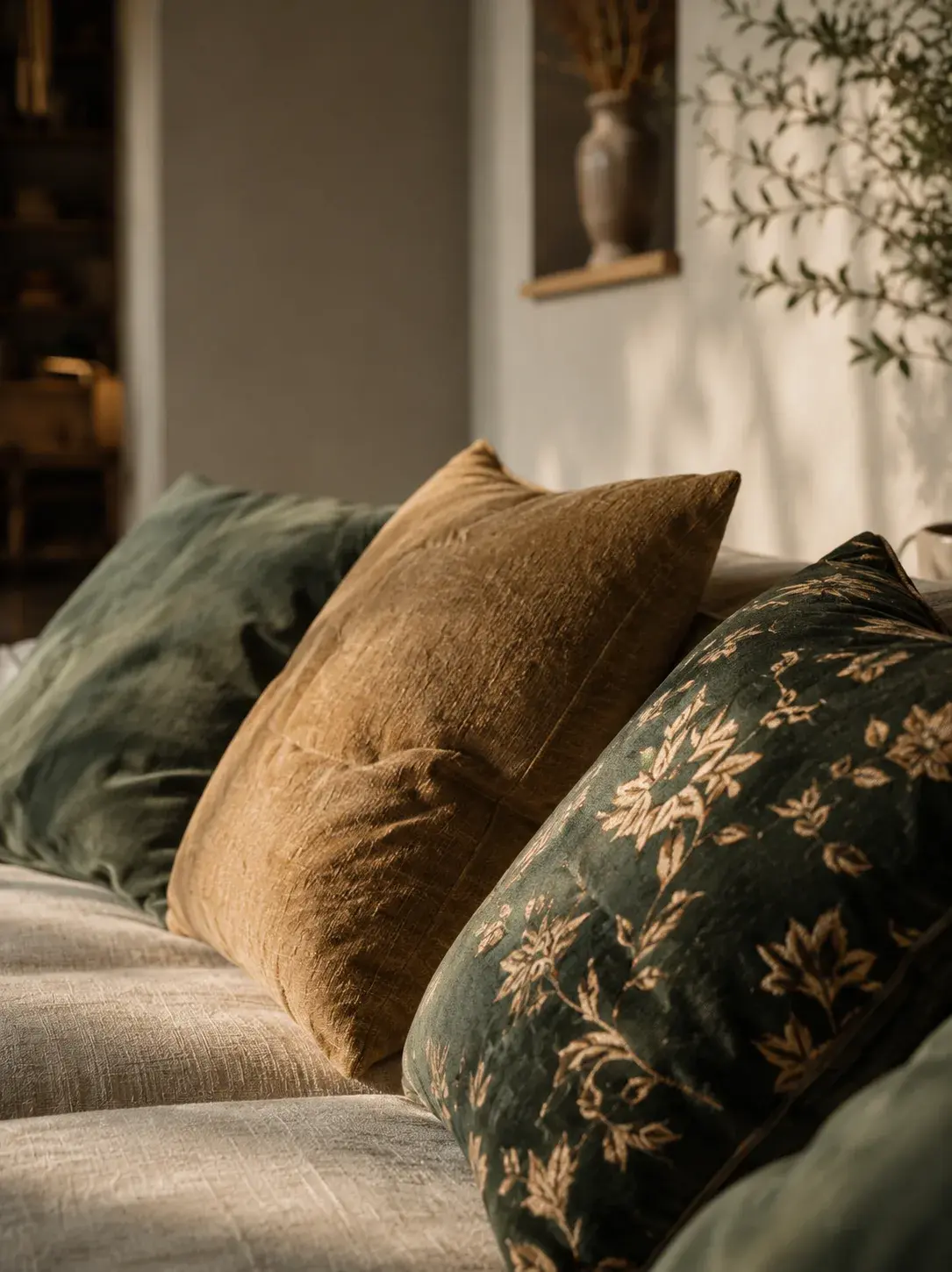 Coussins décoratifs en velours côtelé, tons vert forêt et doré
