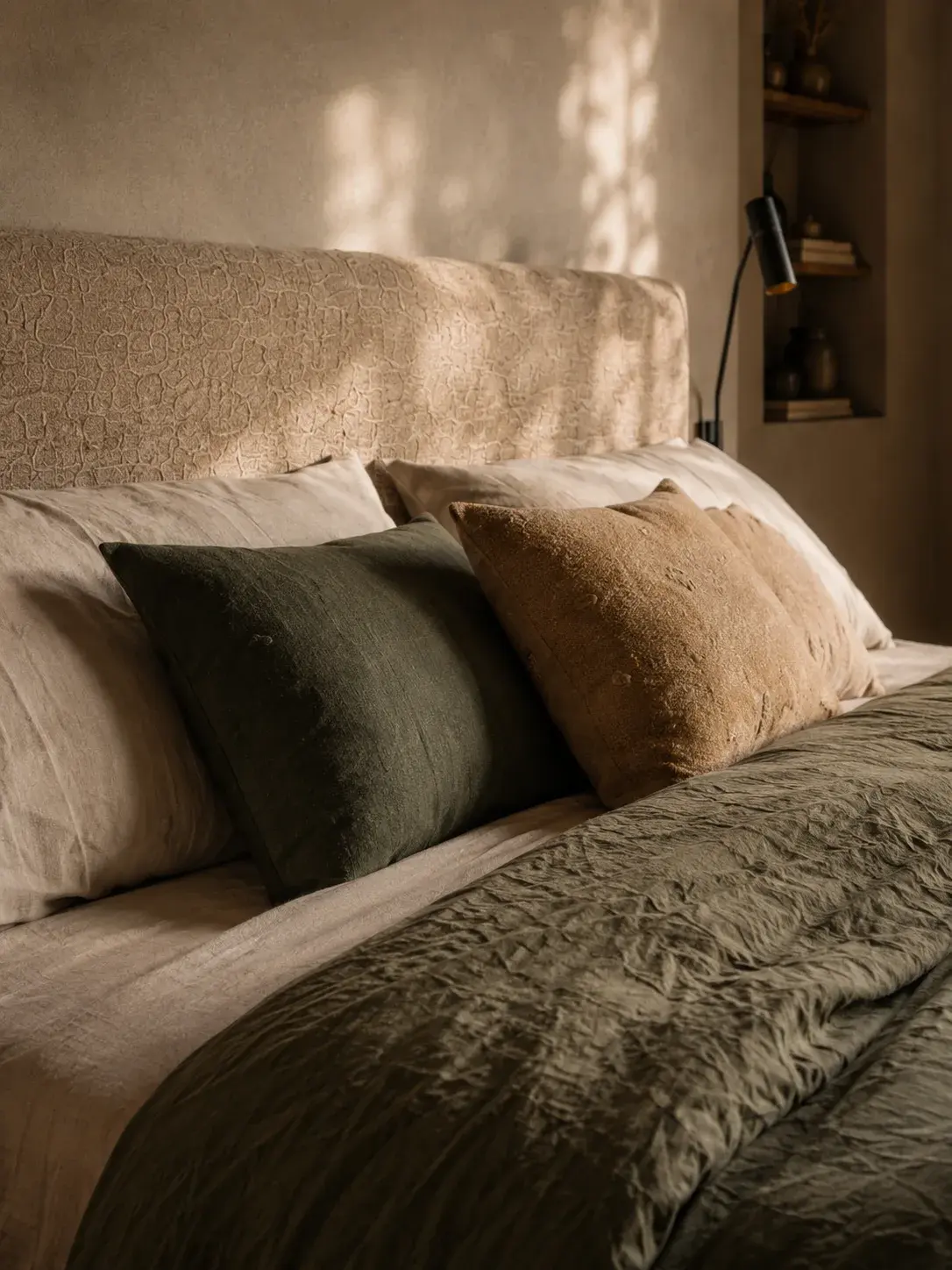 Coussins en lin vert sauge et beige superposés sur une tête de lit