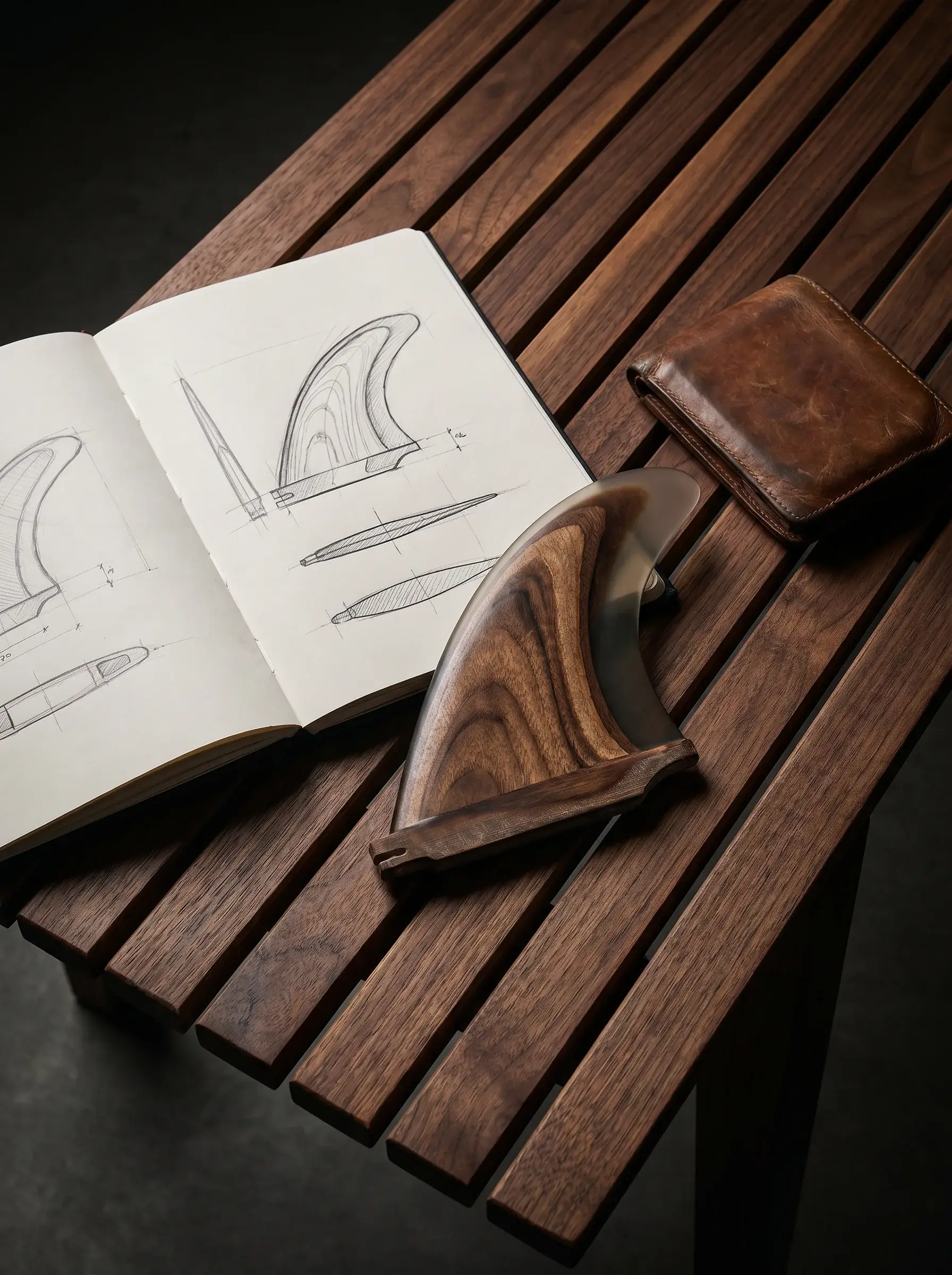 Croquis de dérives de surf dans un carnet de design avec dérive en bois sculpté