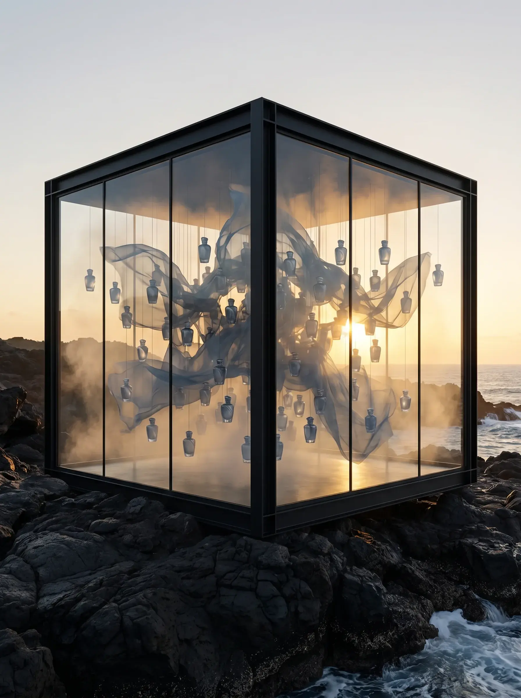 Cube de verre sur roches volcaniques – flacons suspendus, voile tourbillonnant, coucher de soleil