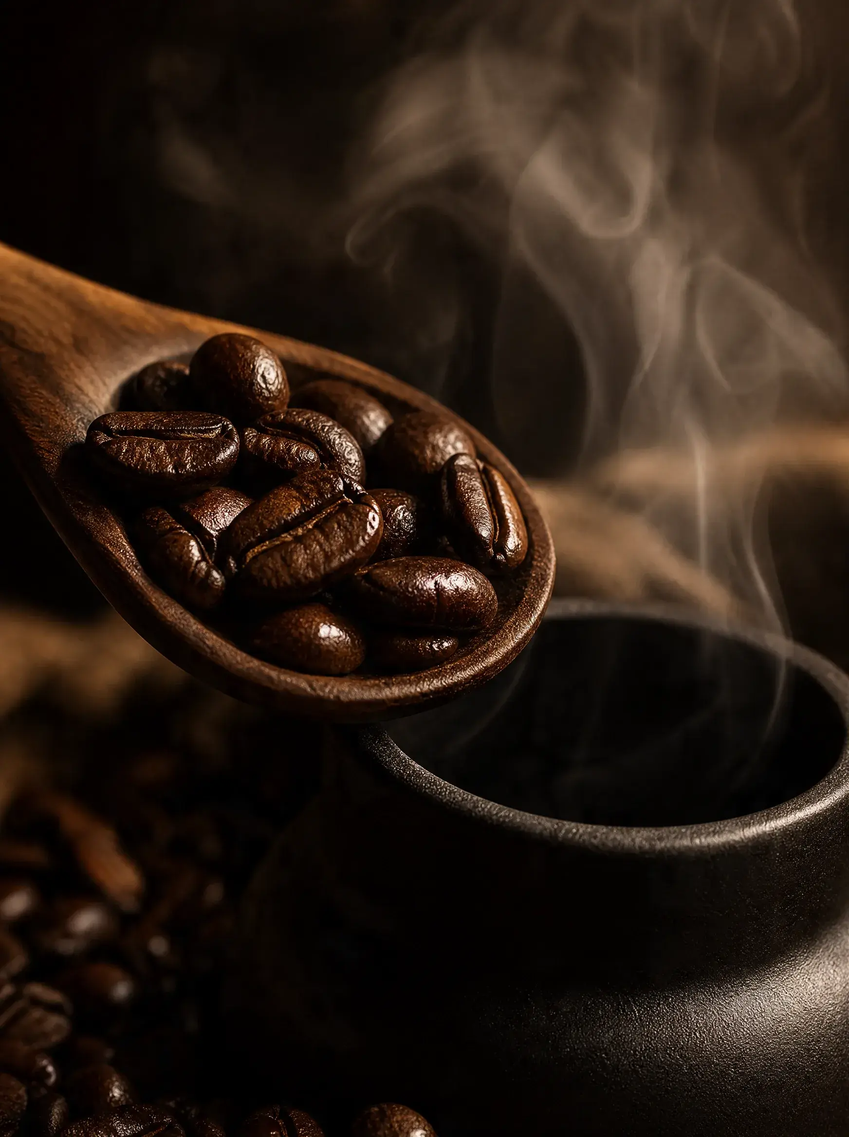 Cuillère bois avec grains de café au-dessus bol céramique fumant – fumée dramatique, fond très sombre