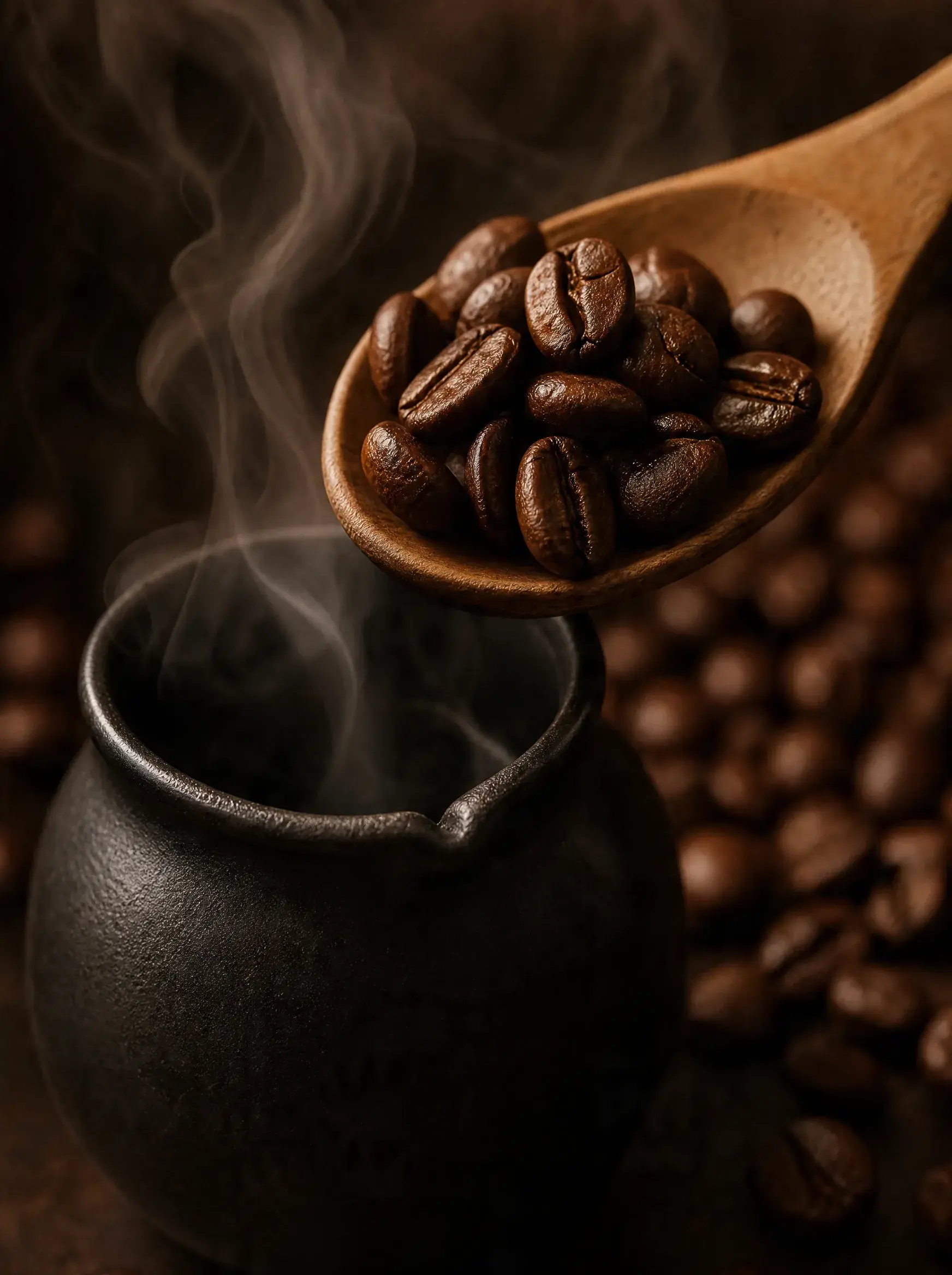 Cuillère bois avec grains de café au-dessus pot céramique noire fumant – composition sombre dramatique