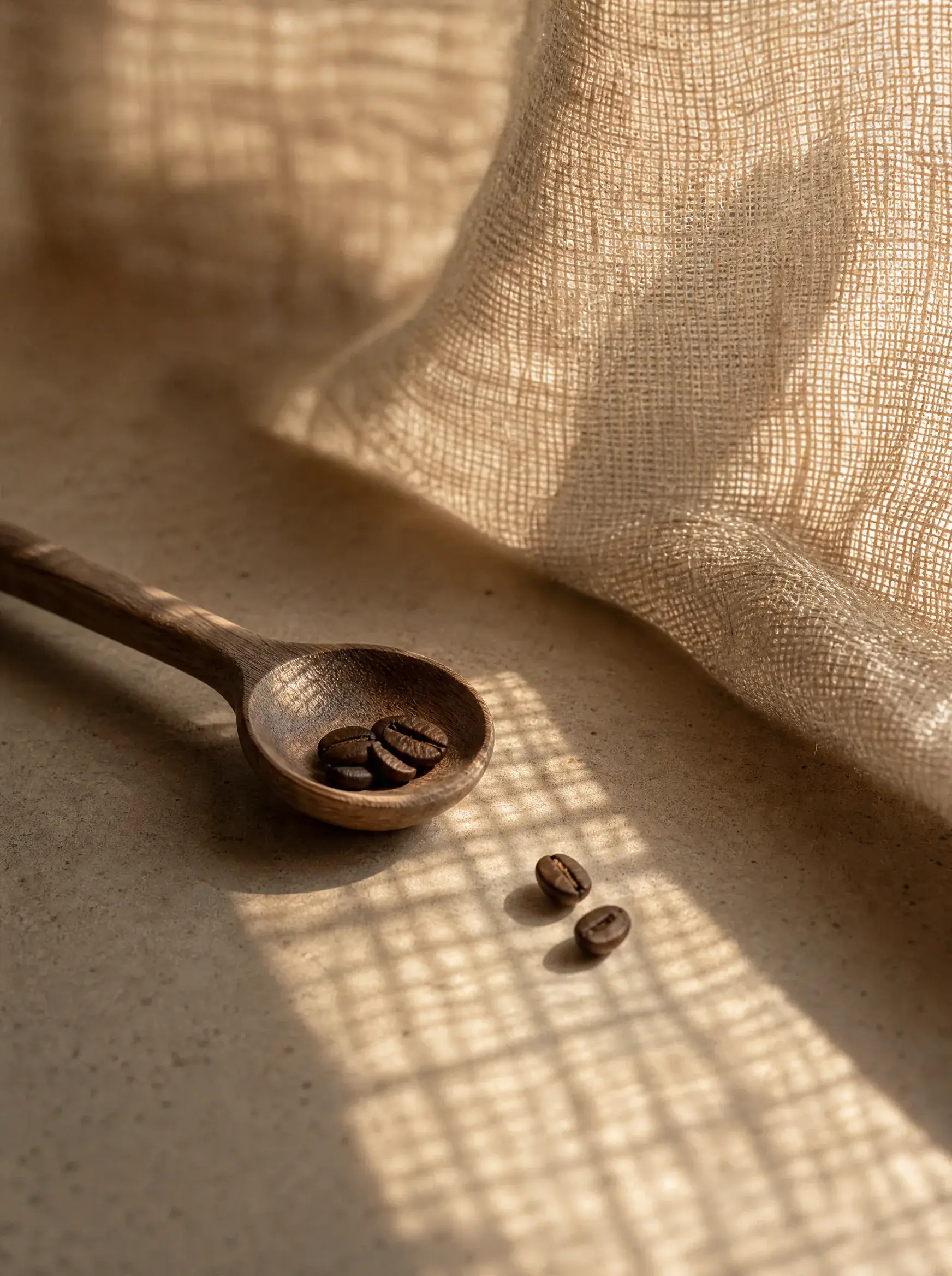 Cuillère bois avec grains de café – fond beige, rideau lin, lumière quadrillée, composition épurée
