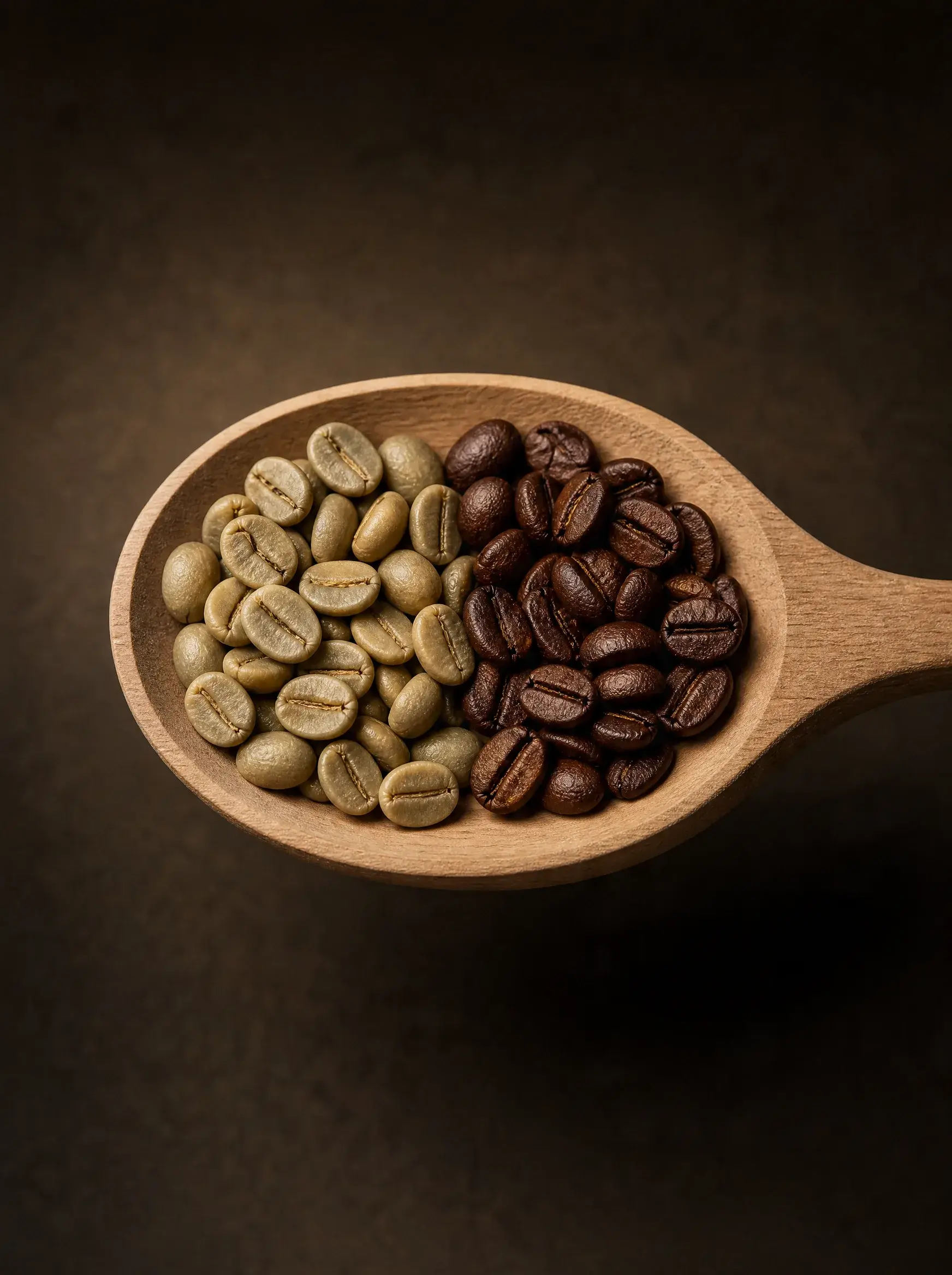 Cuillère bois – grains café verts crus / torréfiés foncés – comparaison, fond sombre brun