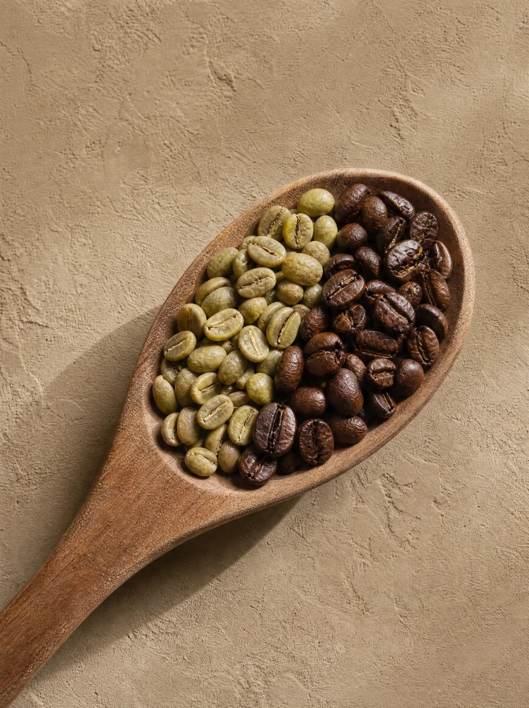 Cuillère bois – grains de café verts crus à gauche, torréfiés bruns à droite – comparaison, fond sable