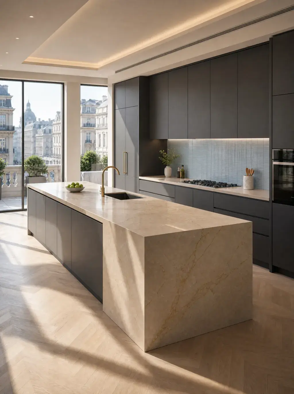 Cuisine minimaliste avec grand îlot en pierre beige, façades anthracite et vue sur un monument haussmannien