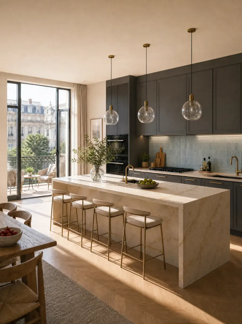 Cuisine moderne de prestige avec îlot en marbre, façades anthracite et suspensions dorées avec vue sur Paris