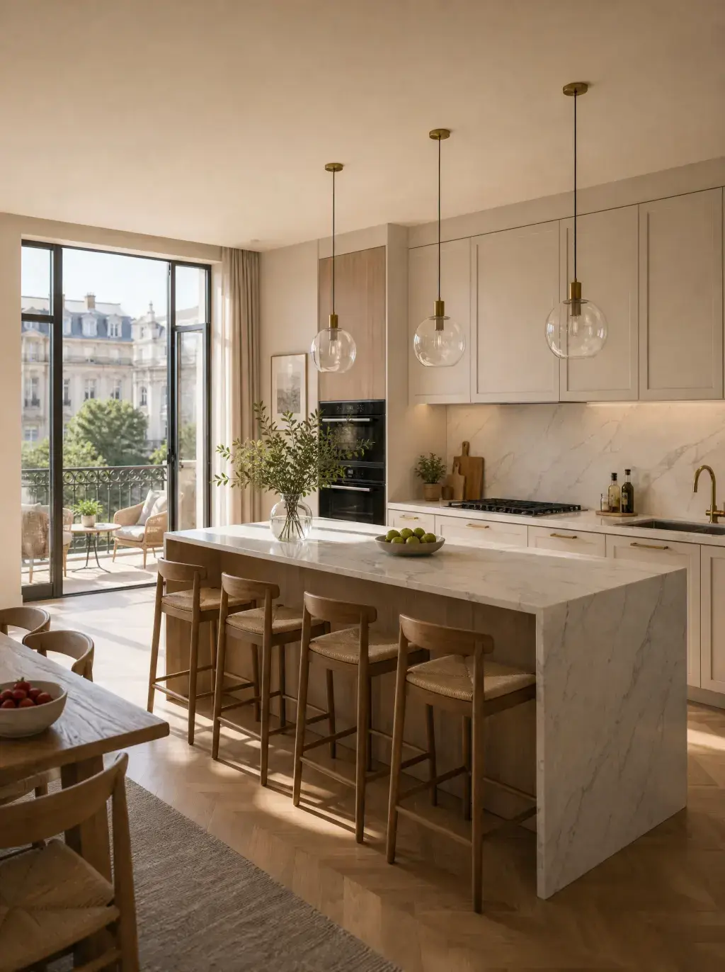 Cuisine ouverte de prestige avec îlot en marbre blanc, suspensions dorées et vue sur avenue haussmannienne