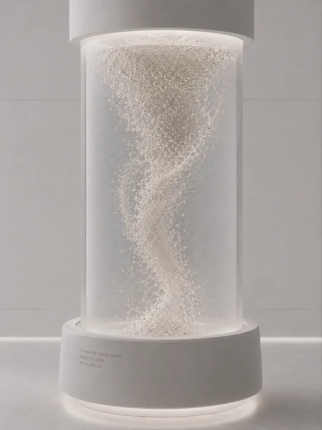 Cylindre en verre lumineux renfermant une spirale tourbillonnante de micro-perles, sculpture nacrée éclairée