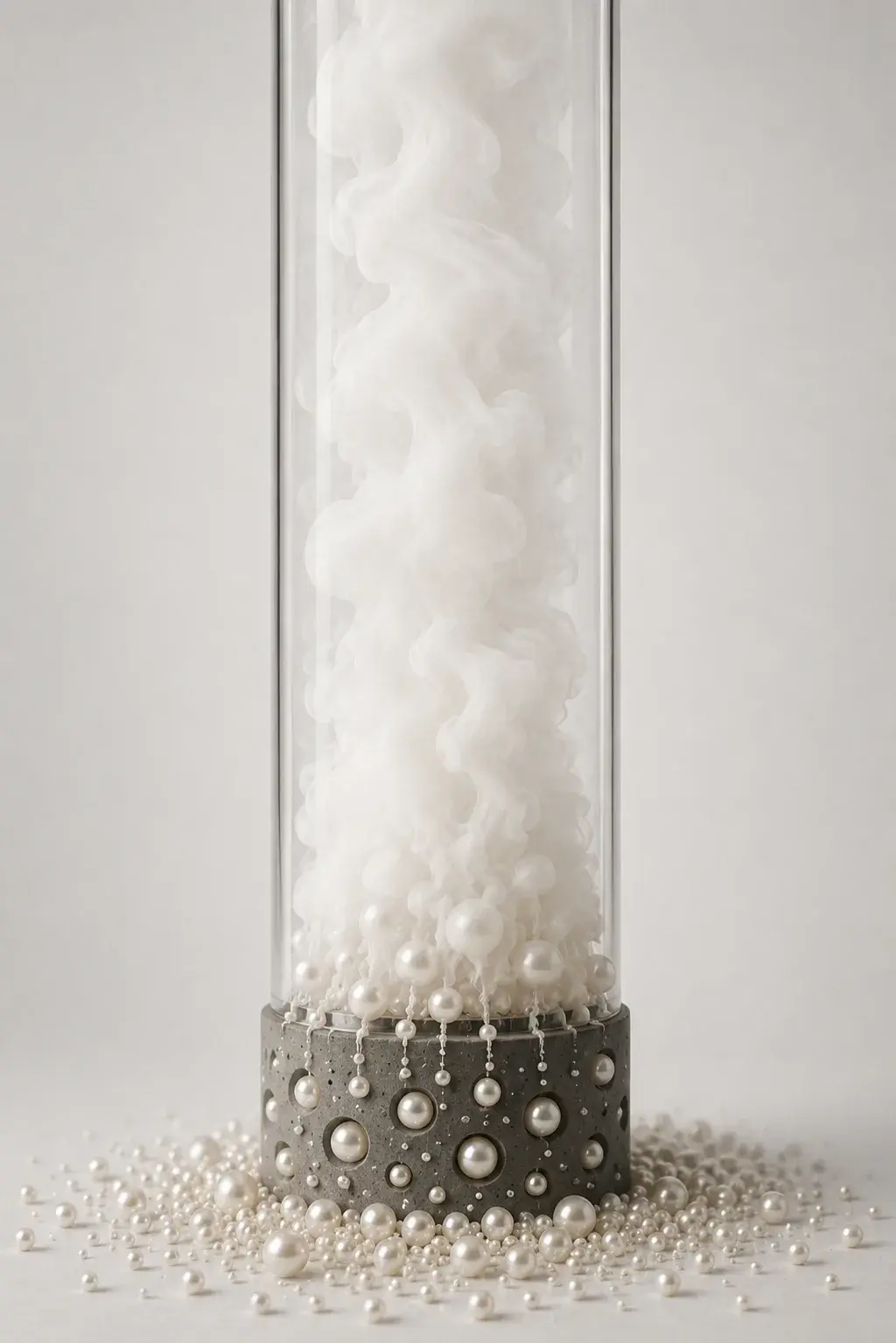 Cylindre en verre rempli de fumée blanche sur socle nacré en béton, atmosphère de laboratoire mystérieux