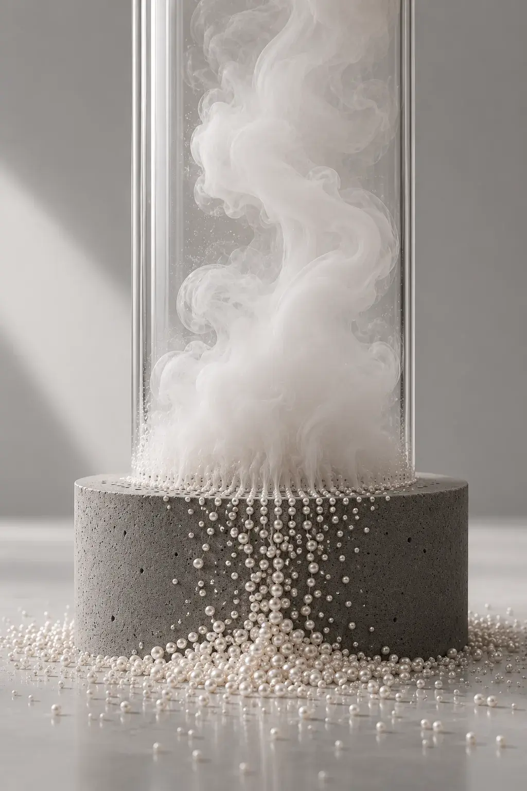Cylindre en verre sur socle nacré laissant s'échapper une vapeur blanche, composition de laboratoire