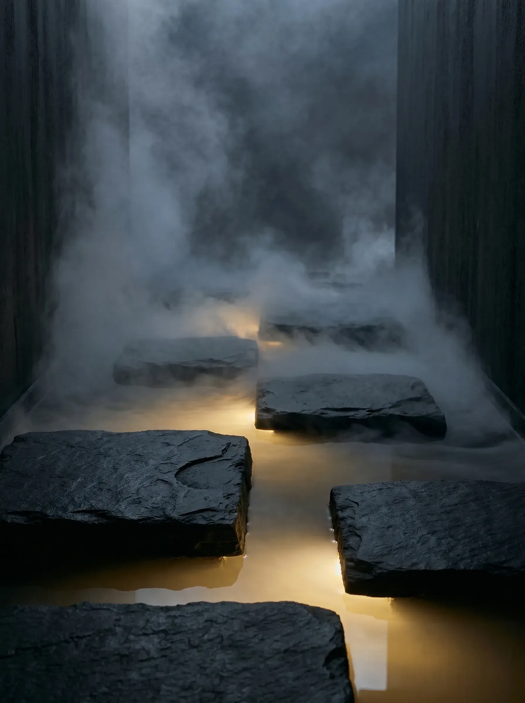Dalles de pierre noire flottant dans eau lumineuse – brume, parois, éclairage chaud, espace sombre