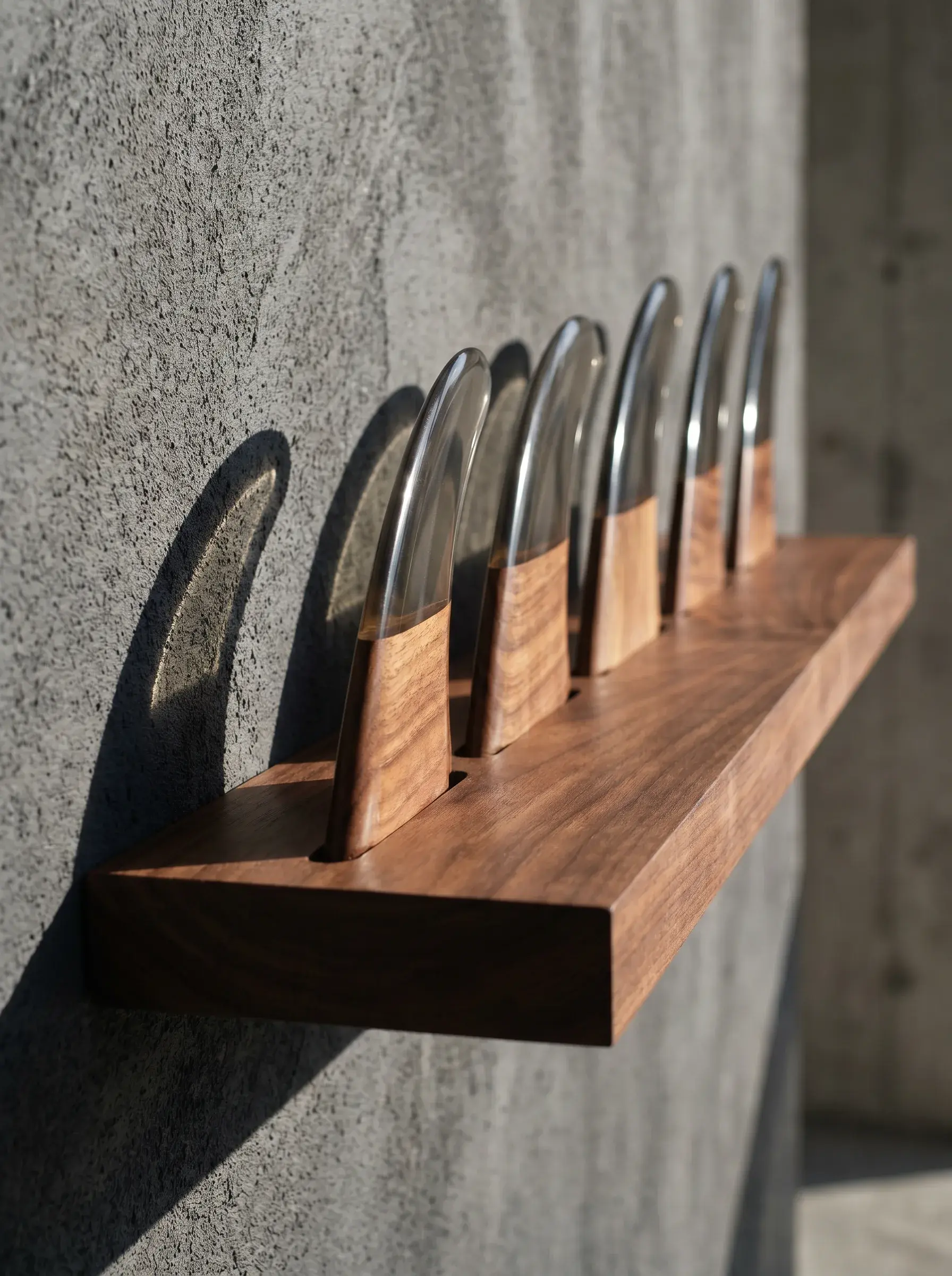 Dérives de planche de surf alignées sur étagère en bois fixée sur mur en béton