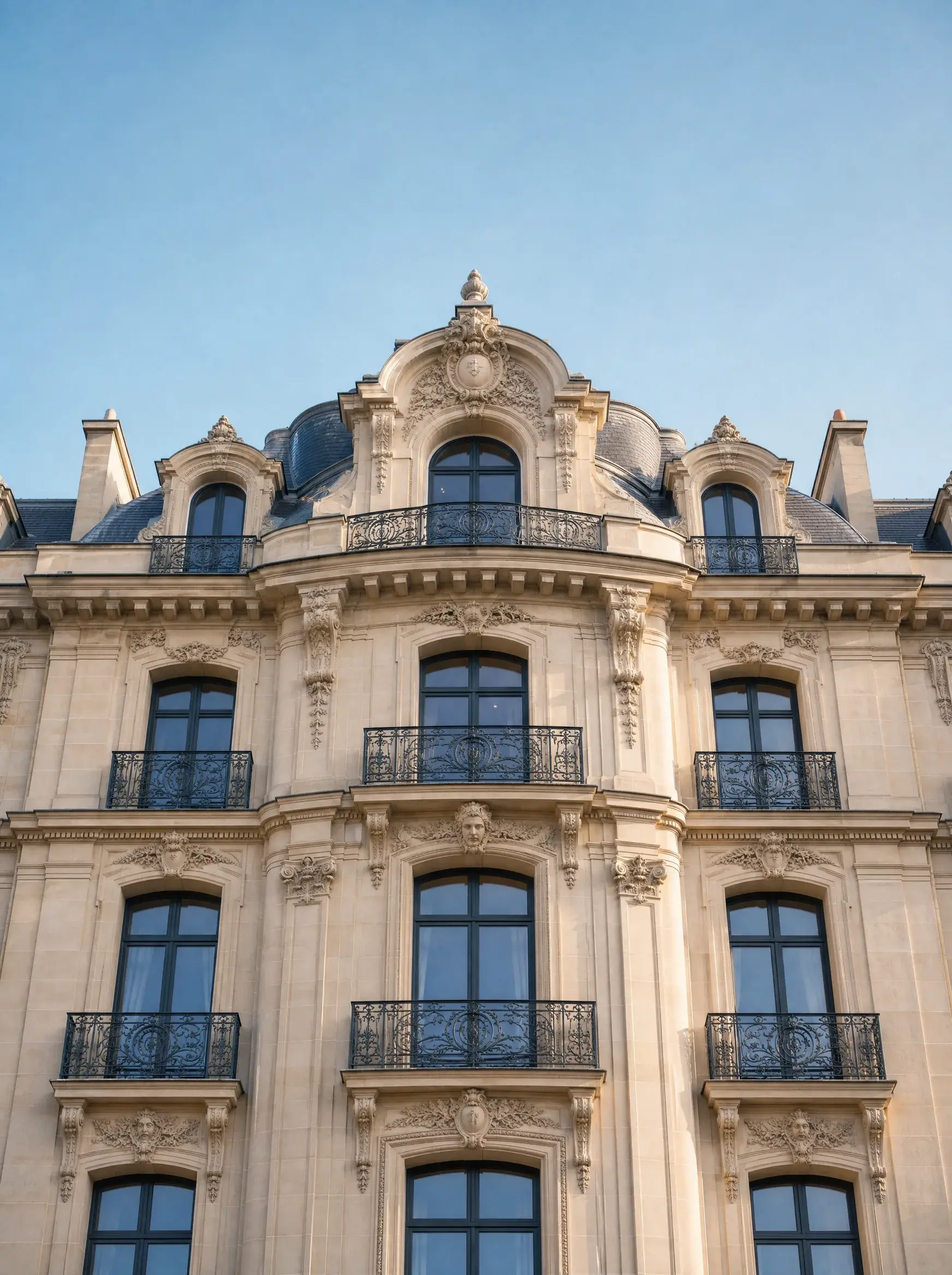 Détail de toiture mansardée et balcons en fer forgé d'un immeuble haussmannien parisien