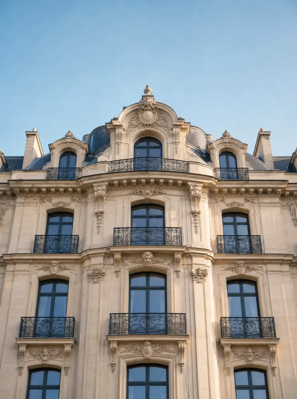 Détail de toiture mansardée et balcons en fer forgé d'un immeuble haussmannien parisien