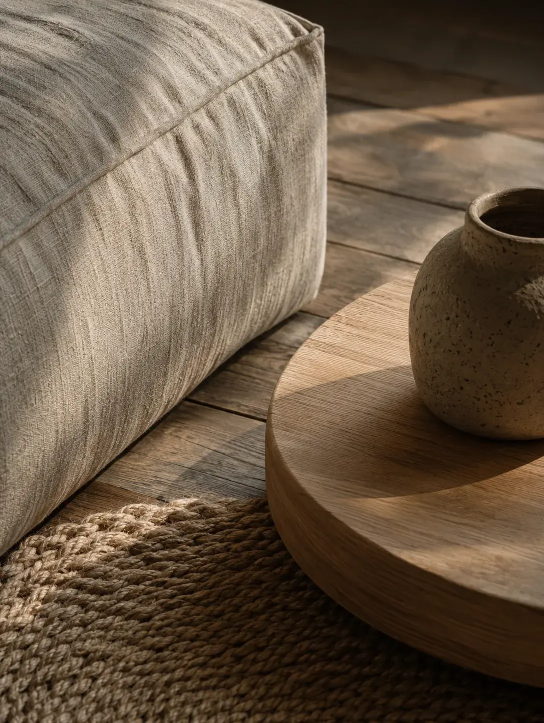 Détail salon avec pouf lin beige et vase en grès brut sur table basse ronde, parquet bois et tapis jonc