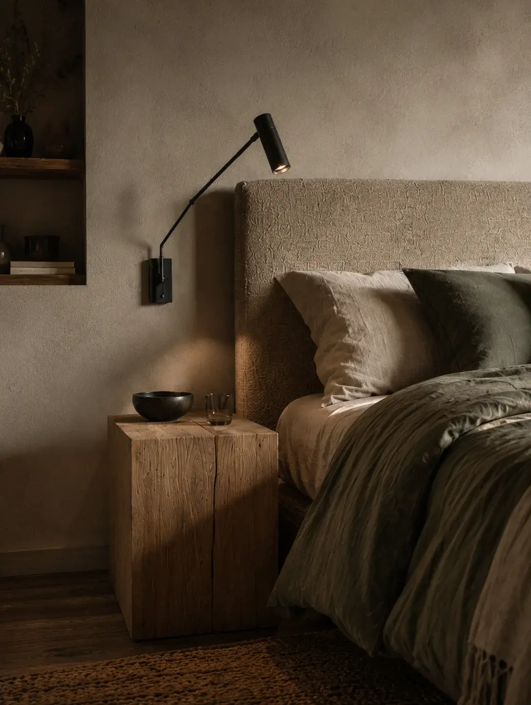 Détail tête de lit en tissu bouclé beige avec table de nuit cube bois massif brut et applique orientable noire