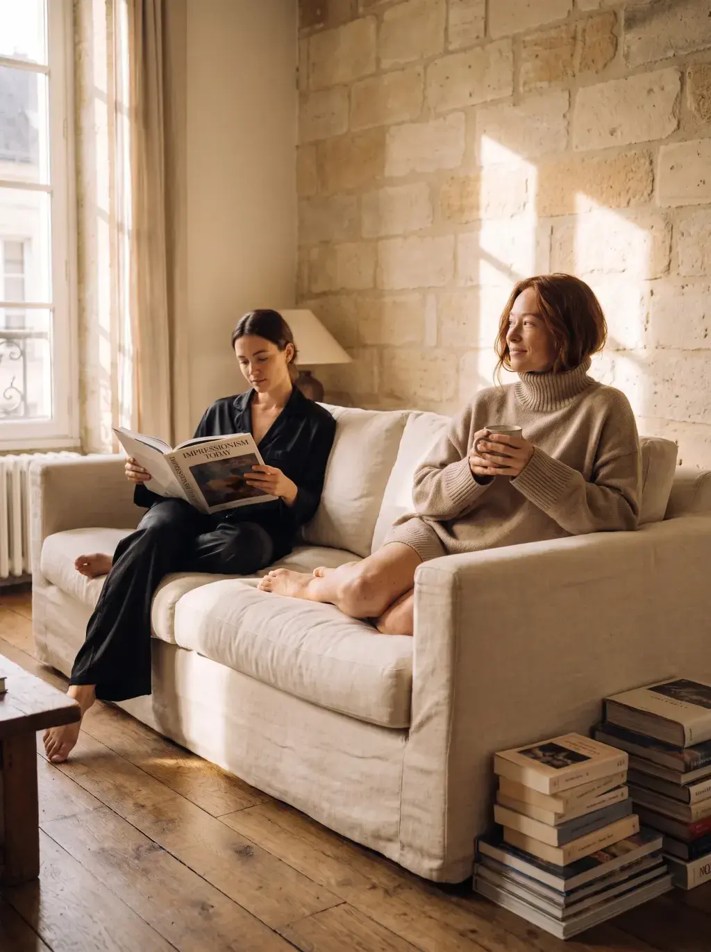 Deux amies détendues sur un canapé — l'une lisant, l'autre avec un café