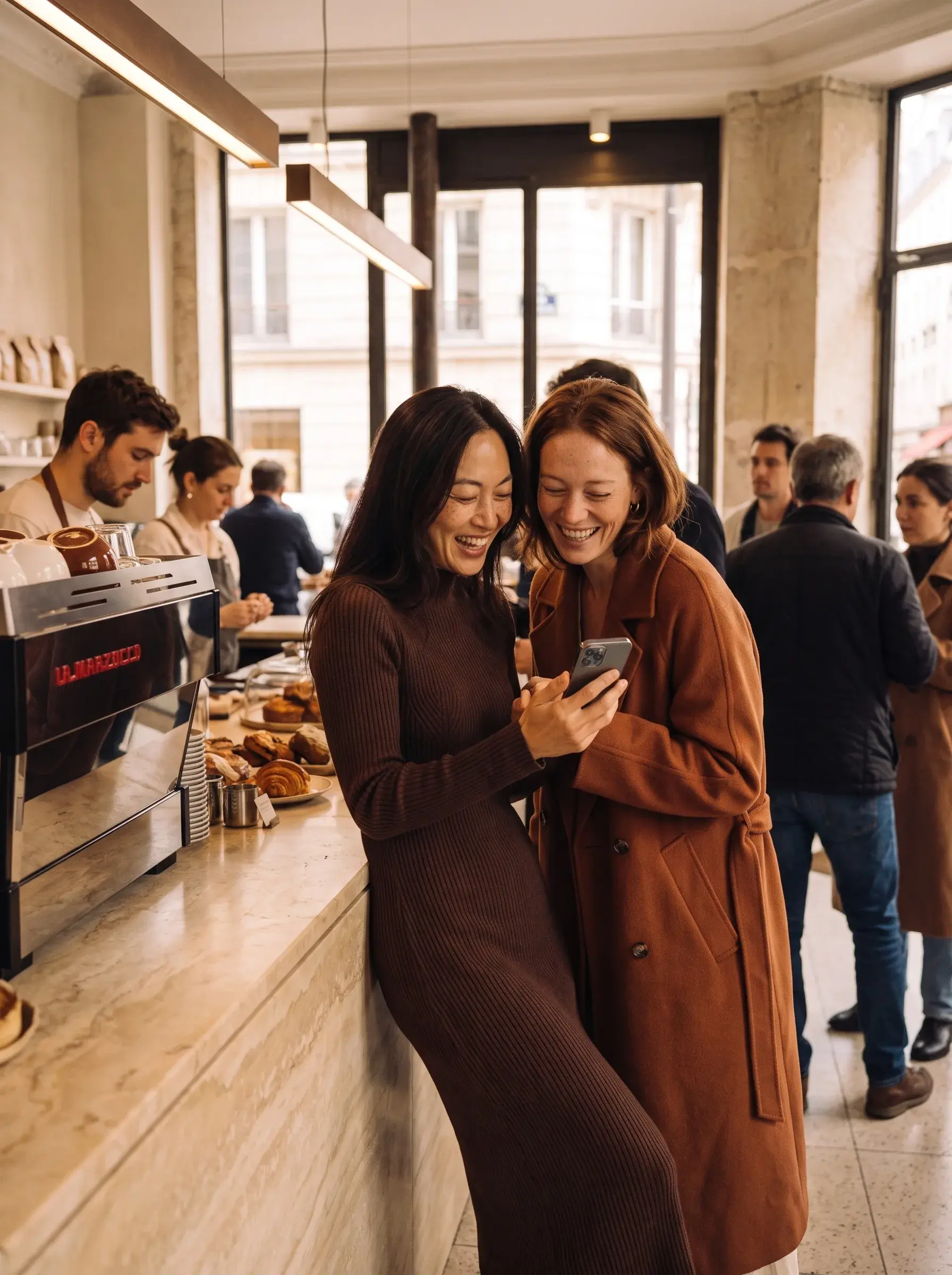 Deux amies riant en regardant un téléphone au comptoir d'un café parisien animé