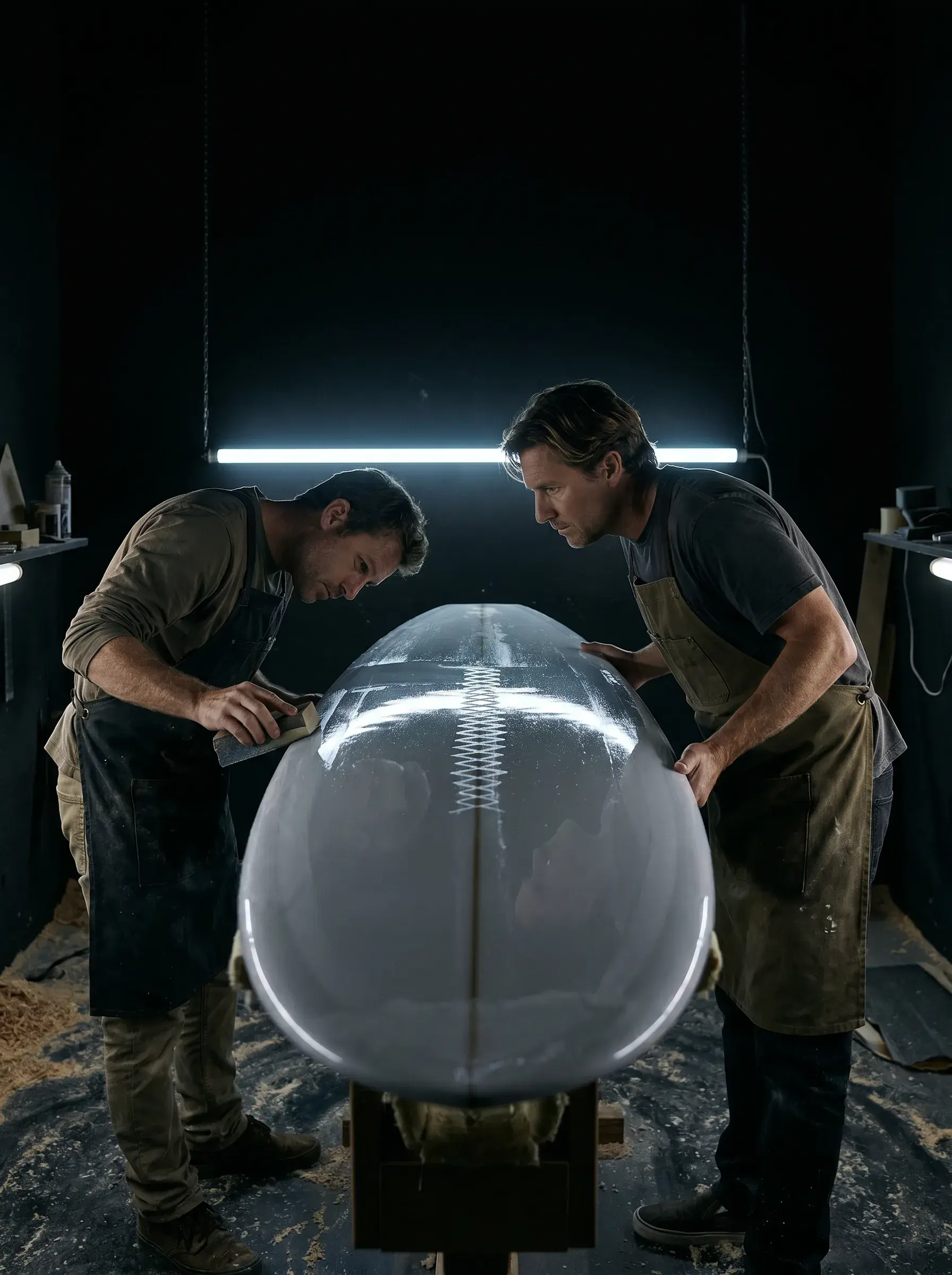 Deux artisans examinant une planche de surf blanche sous lumière néon dans un atelier sombre